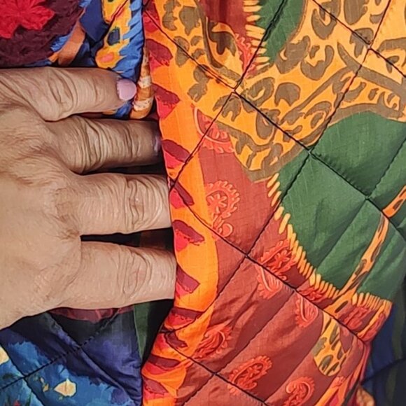 Farm Rio Crochet Sleeve Puffer Jacket Patchwork Tapestry Winter Tropical Longlin - Picture 7 of 15